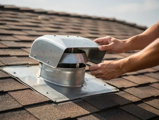 Woodcrest Dryer Vent Cleaning certified technician safely cleaning a roof-mounted dryer vent in Woodcrest