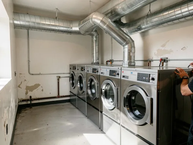 Woodcrest Dryer Vent Cleaning team performing large-scale commercial dryer vent cleaning in Woodcrest