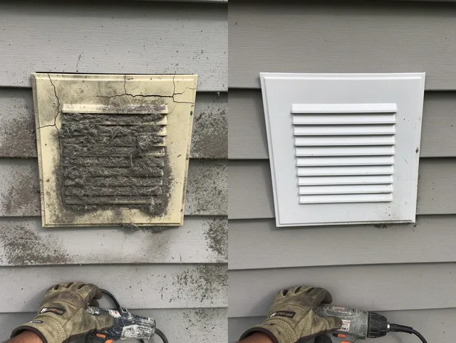 Woodcrest Dryer Vent Cleaning technician installing high-quality dryer vent cover at a residential property in Woodcrest