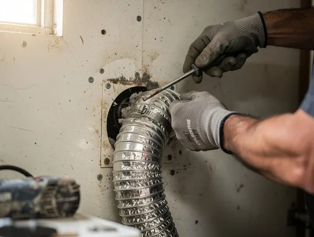 Woodcrest Dryer Vent Cleaning technician performing precise dryer vent hose installation in Woodcrest